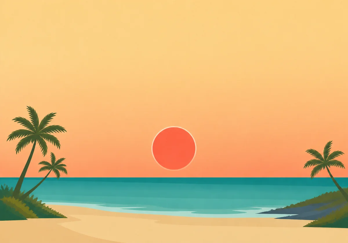 Tropical beach with palm trees and a low coral sun over turquoise water