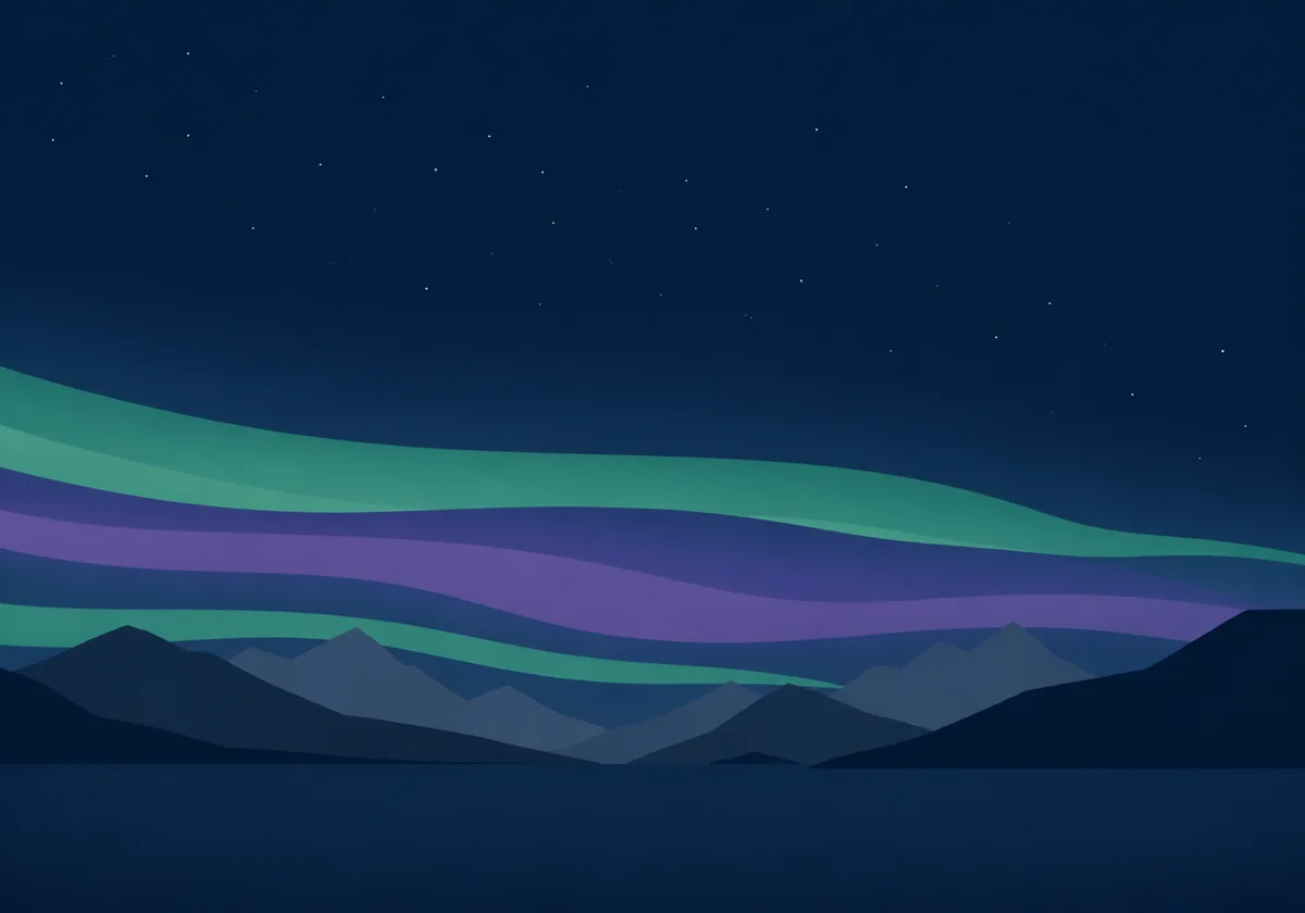 Green and violet northern lights over dark mountains and still water